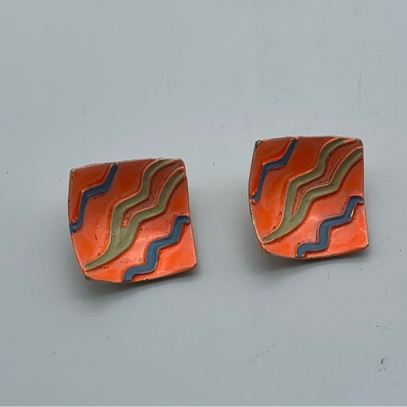 ♥️SALE! 3for$15 Vintage ART Arthur Pepper Orange Blue Gold Wave Clip On Earrings - Picture 1 of 5